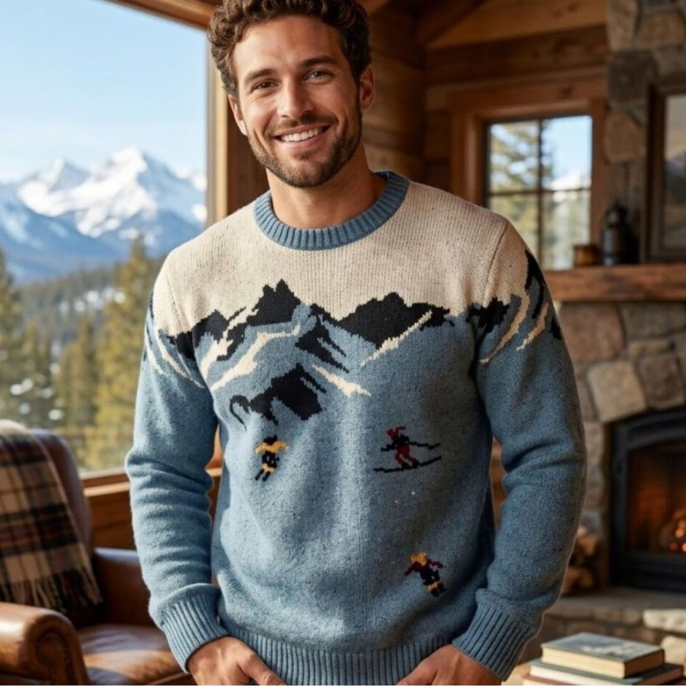 Men's Goodfellow & Co Blue Scenic Ski Mountain Crewneck Sweater Sz XXL
